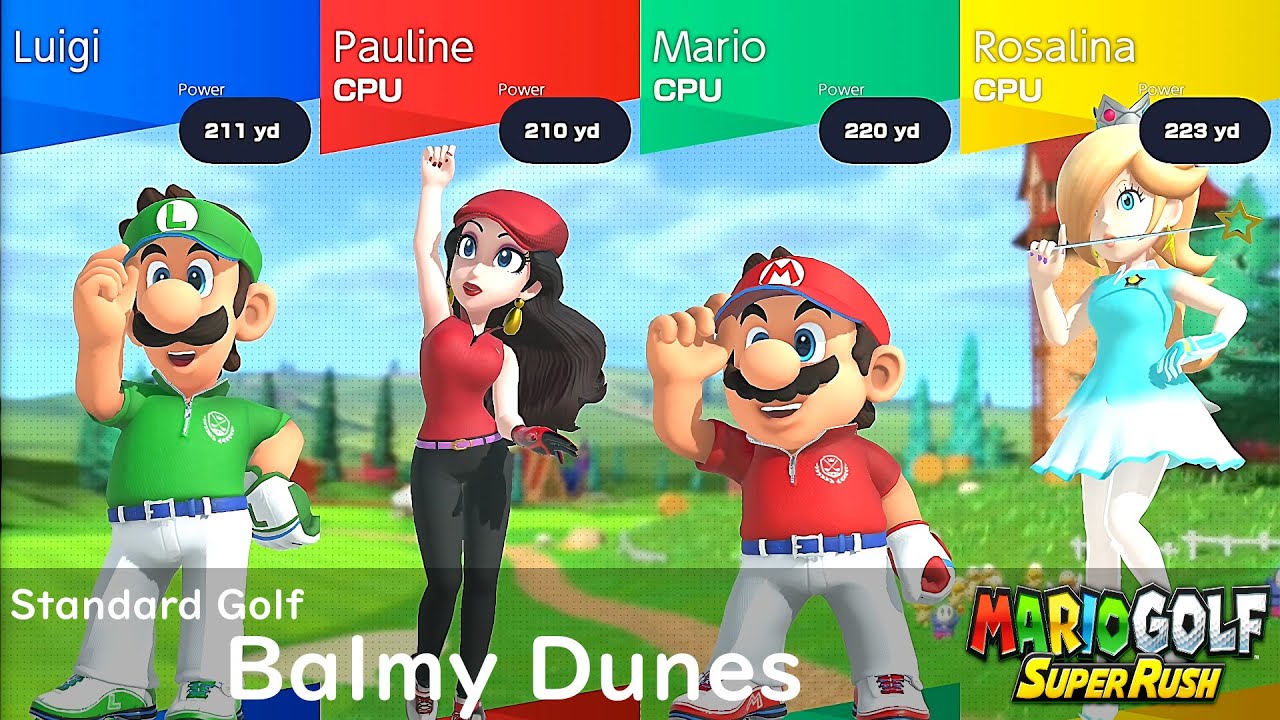 Mario Golf Super Rush Luigi vs Pauline vs Mario vs Rosalina in Balmy Dunes