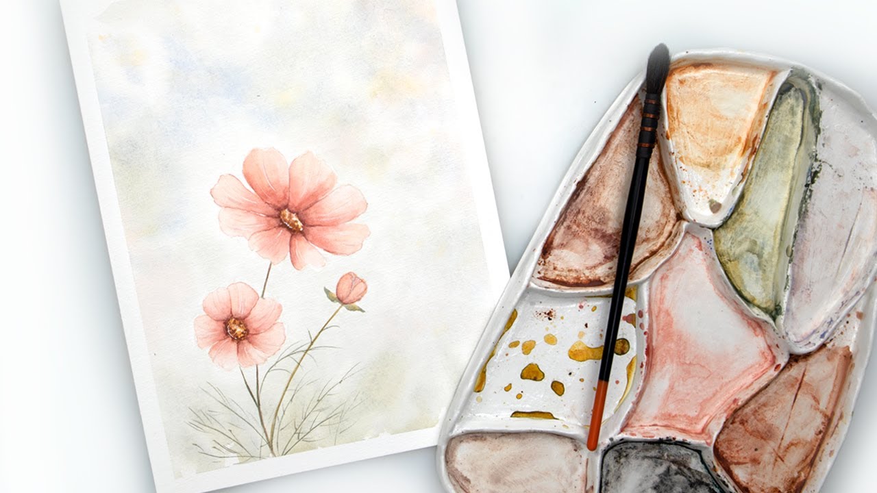 Watercolor flowers - cosmos flower step by step tutorial