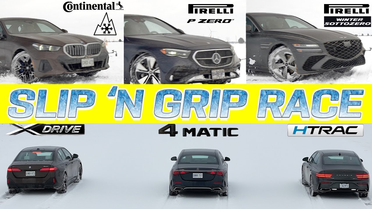 AWD Battle! 2025 Mercedes E450 4Matic vs BMW 550E XDrive vs Genesis G80 H-TRAC. Slip 'N Grip Race.