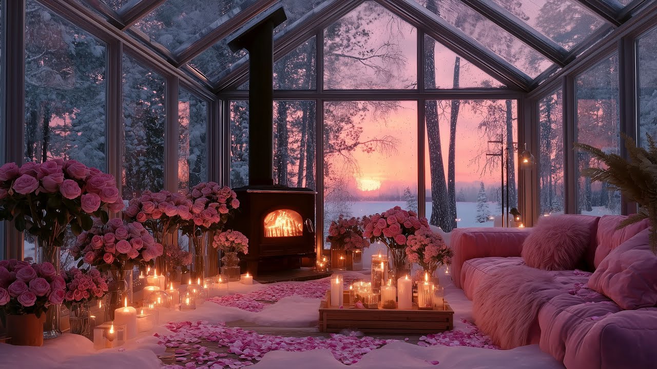 Cozy Valentine Greenhouse 🕯️ Soft Piano Music & Warm Fireplace Glow for Stress Relief and Pure Love