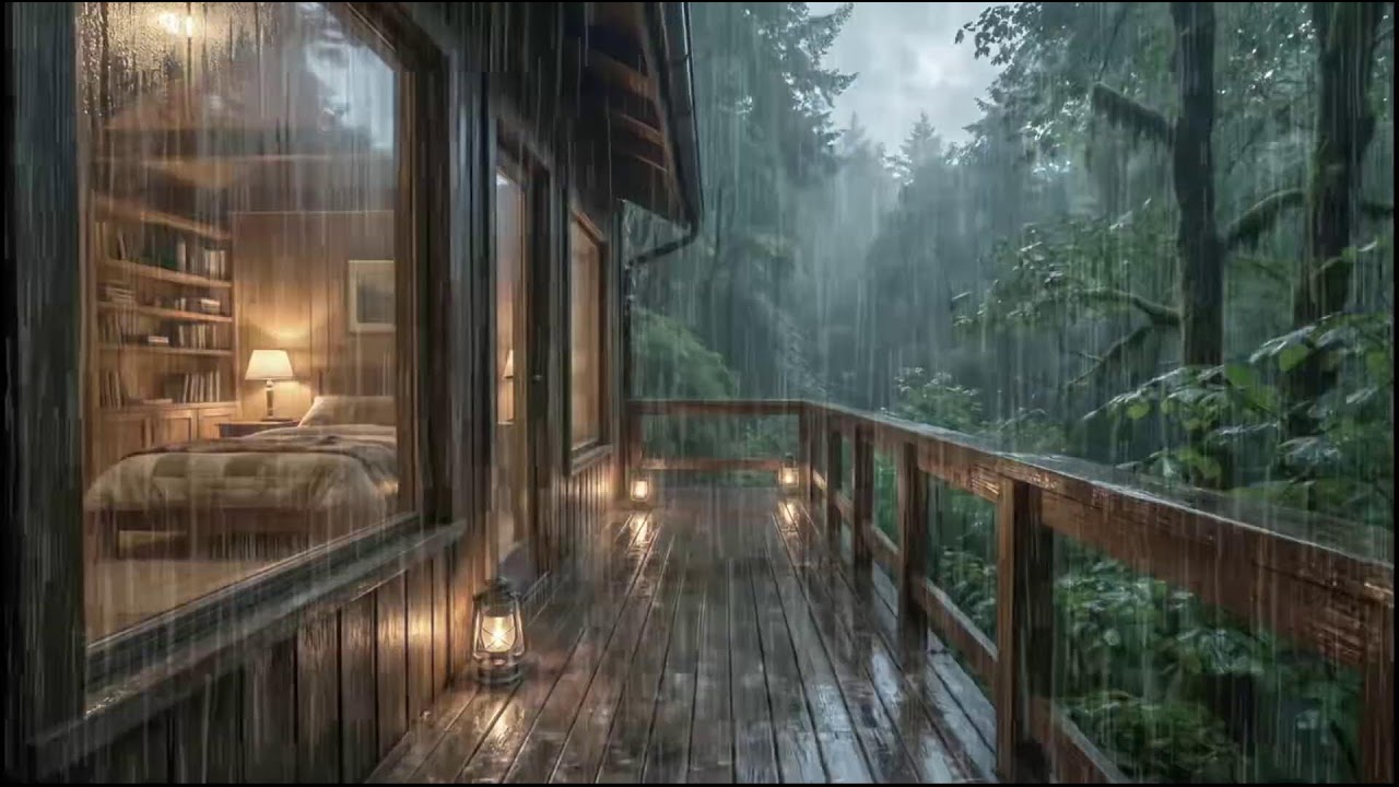 Quiet rain around a warm forest cabin, steady rain tones for deep sleep healing insomnia nights
