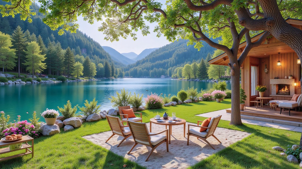 Peaceful Spring Morning by the Lake 🌺 Gentle Piano & Crackling Fireplace for Relaxation, Study