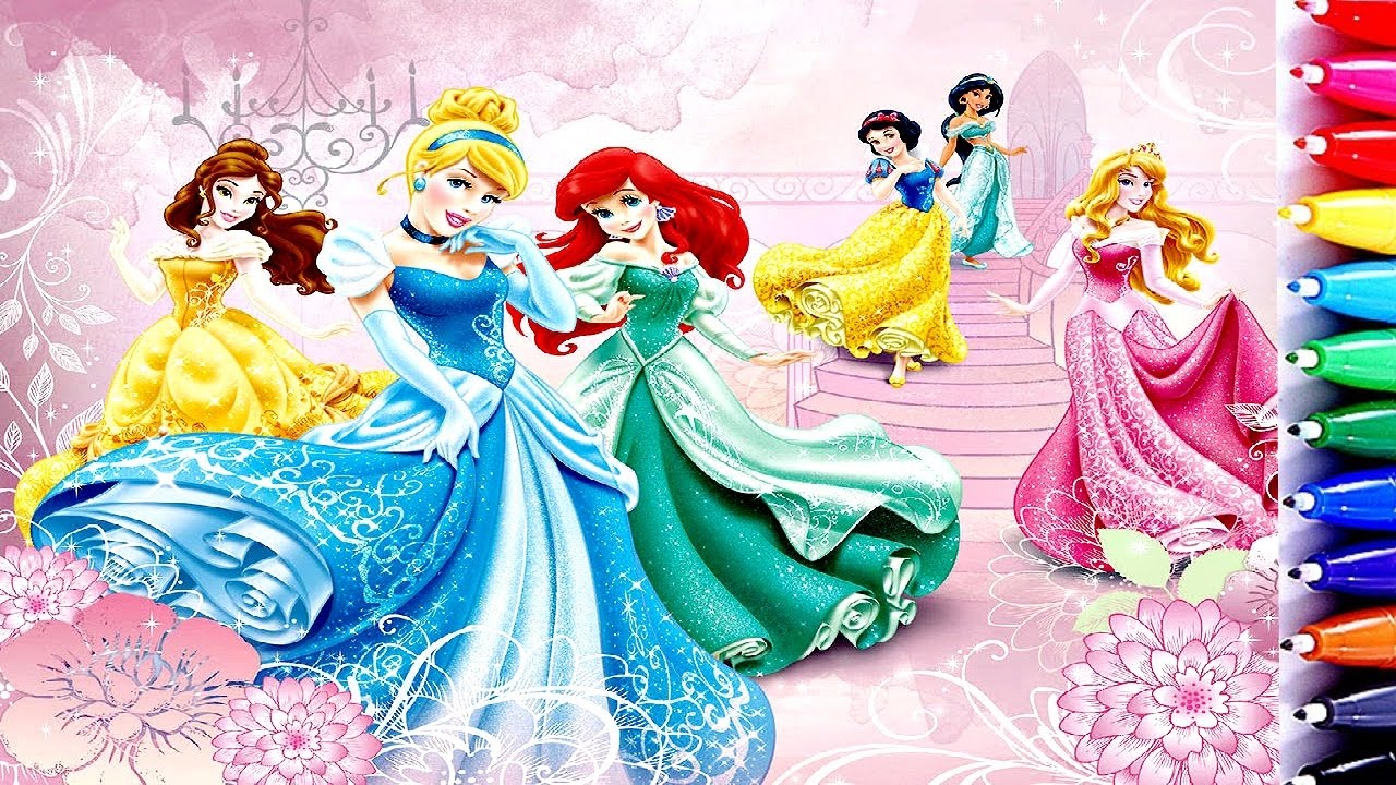 Disney Princess Ariel Belle Cinderella Aurora Jasmine Snow White Coloring Book Pages Sparkling