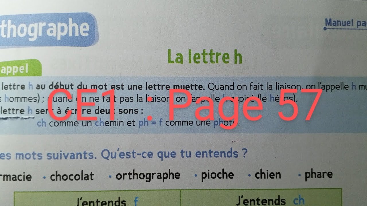 CE1 : Orthographe · La lettre h cahier d' activités page 57 . Le trésor des mots