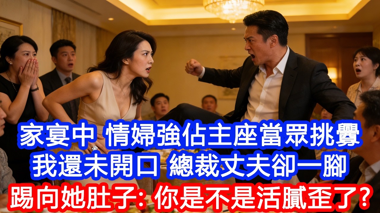 【情感故事】家宴中，情婦強佔主座，戴著專屬身份的鑽戒當眾挑釁。我還未開口，總裁丈夫卻一腳踢向她肚子：「你是不是活膩歪了？」#故事 #人生哲理 #婚姻 #出軌 #爽文