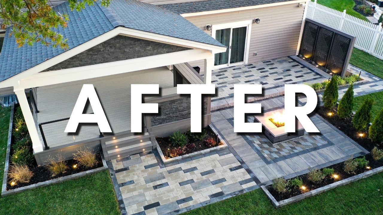 MODERN BACKYARD TIME LAPSE!! Covered Deck, Paver Patio, and Fire Pit Backyard Makeover Ideas