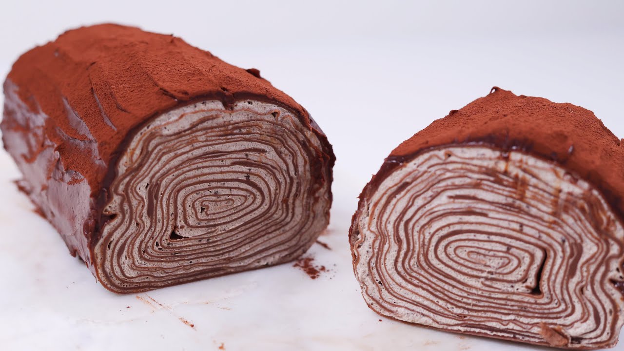 巧克力千层蛋糕卷,  无需烤箱和抹面，一个平底锅就搞定｜Chocolate Mille Crepe Roll Cake， No Oven Recipe