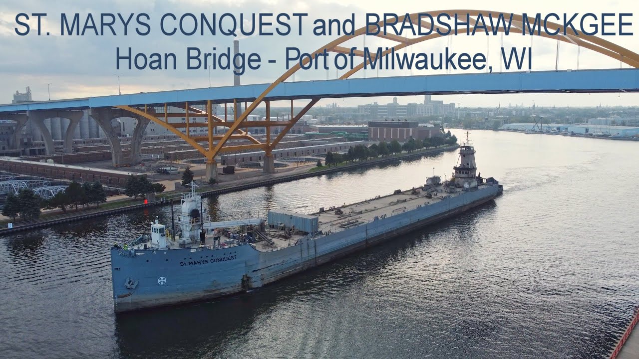 Bradshaw McKgee and St Marys Conquest under Hoan Bridge departing the Port of Milwaukee 4K