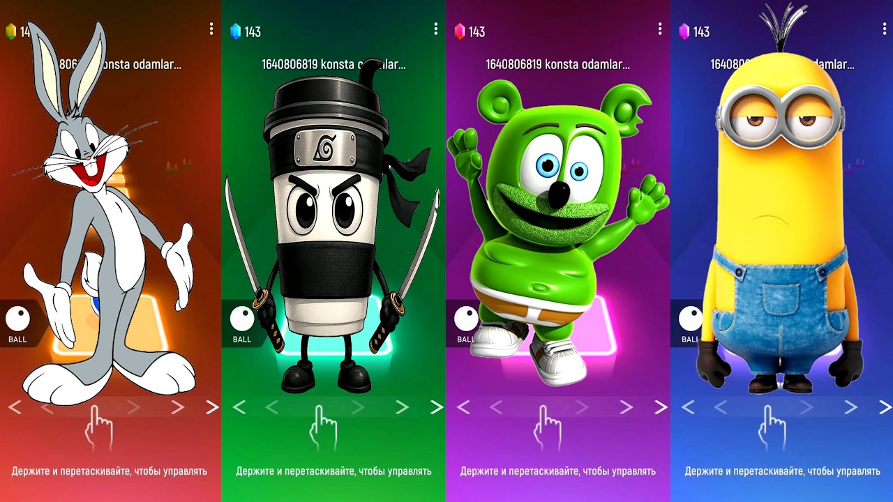 Tiles Hop Bugs Bunny vs Ninja Cup vs Gummy Bear vs Minion Ras  Tiles Hop EDM Rush!