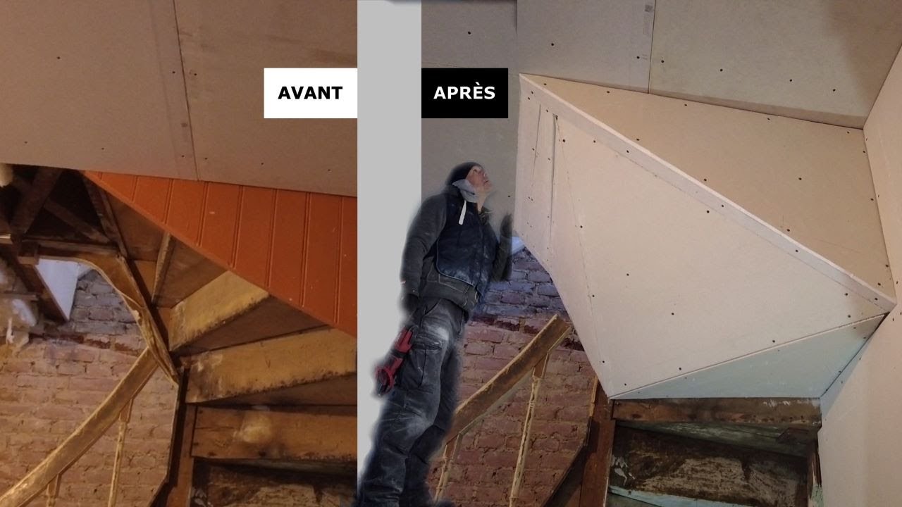 Habillage sous escalier tournant rails et placo