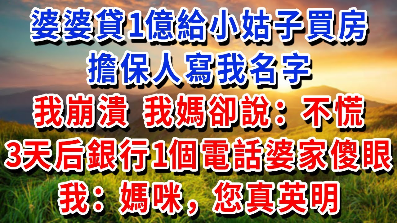 婆婆貸1億給小姑子買房，擔保人寫我名字，我崩潰，我媽卻說：不慌！3天后銀行1個電話婆家傻眼，我：媽咪，您真英明#書婷講故事 #為人處世#生活經驗#情感故事#晚年哲理#說故事#完結文