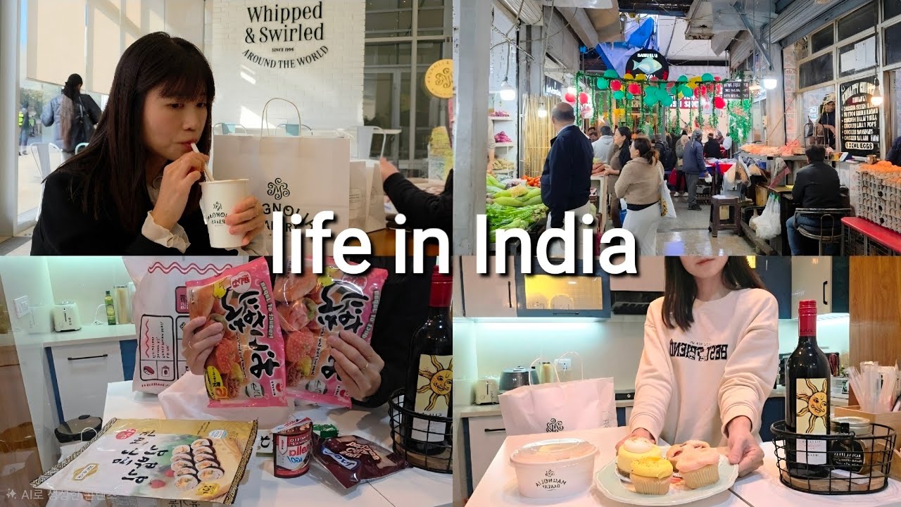 Korean life in India🇮🇳 |Magnolia Bakery,Market Grocery Haul | Cooking stir-fried noodles with shrimp