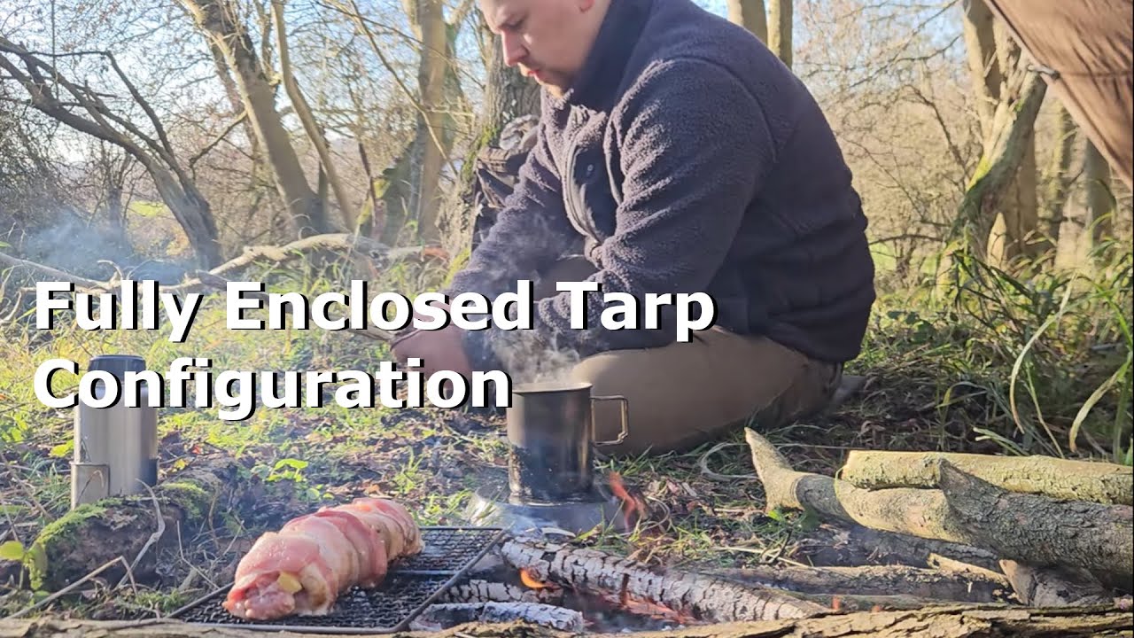Fully Enclosed Tarp Shelter - Bushcraft Camp Fire Cooking Chicken