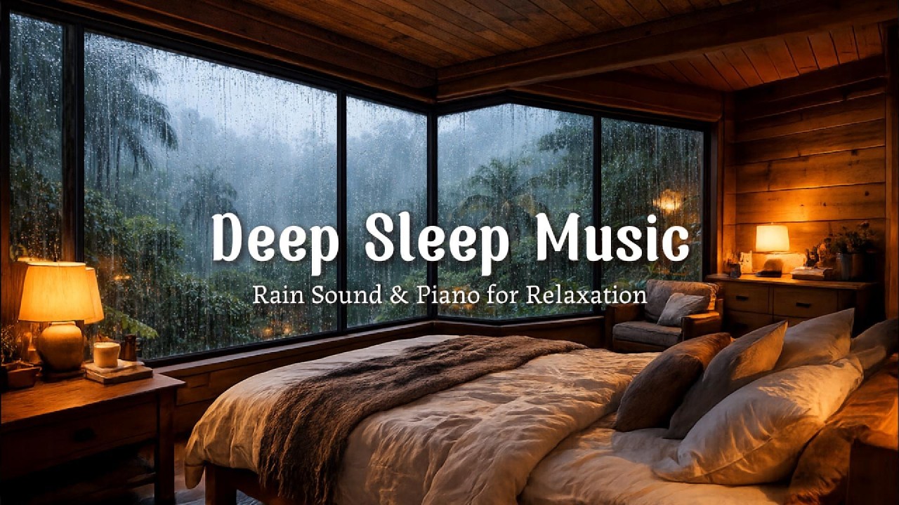 Tropical Rainforest Rain Sounds with Calm Piano | Warm Cabin Window for Deep Sleep & Relax
