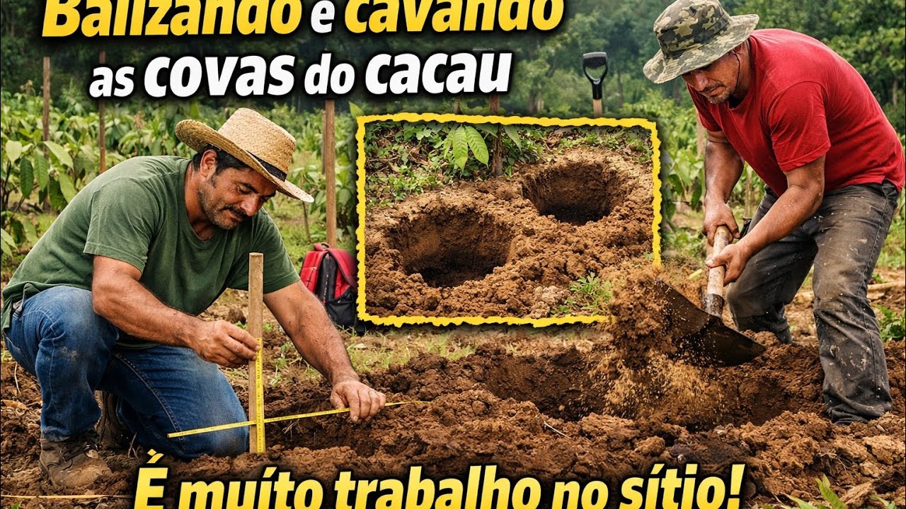 Balizando e cavando as covas do cacau 🌱💪 Muito trabalho no sítio, mas tudo feito com dedicação!