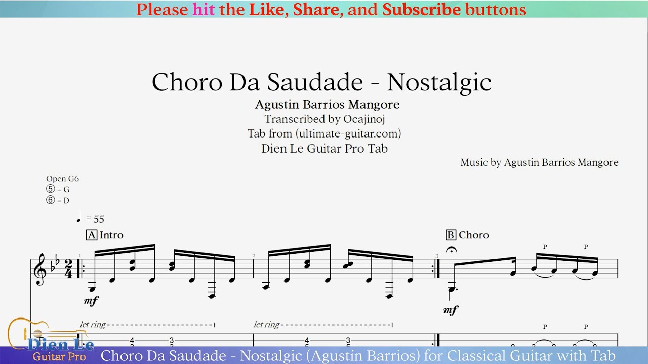 Choro Da Saudade - Nostalgic (Agustín Barrios) for Classical Guitar with Tab