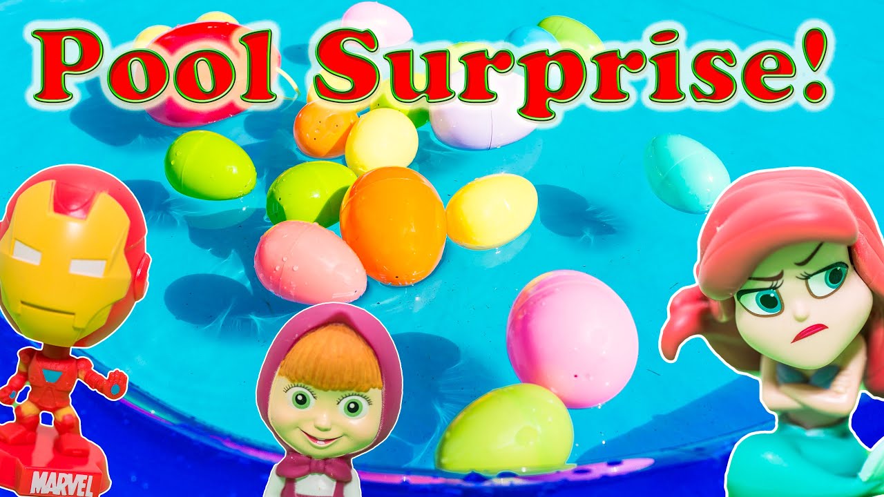 Fishing for Mickey Mouse and Masha surprise Eggs in a Pool