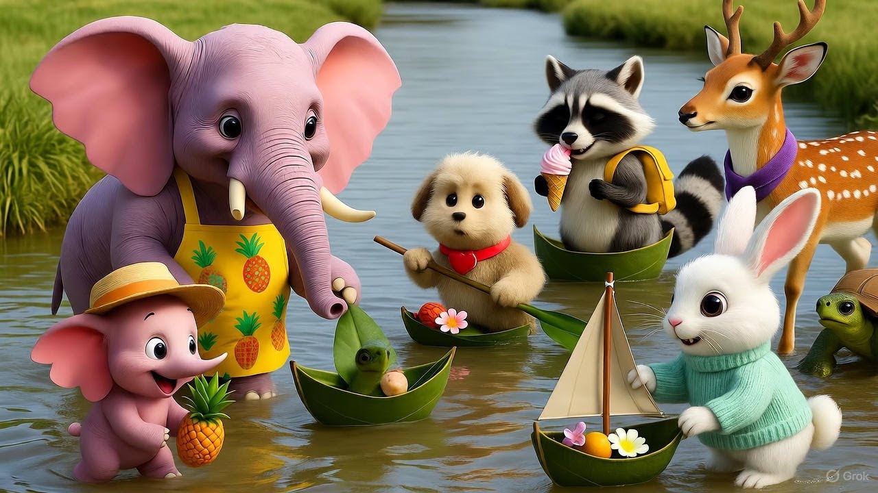 Strawberry Elephant Gang🌟🐘The Leaf Boat Regatta on the Tranquil Stream