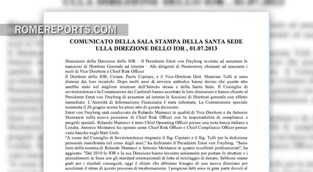 Dos altos cargos del Banco Vaticano dimiten para permitir el inicio de una nueva etapa