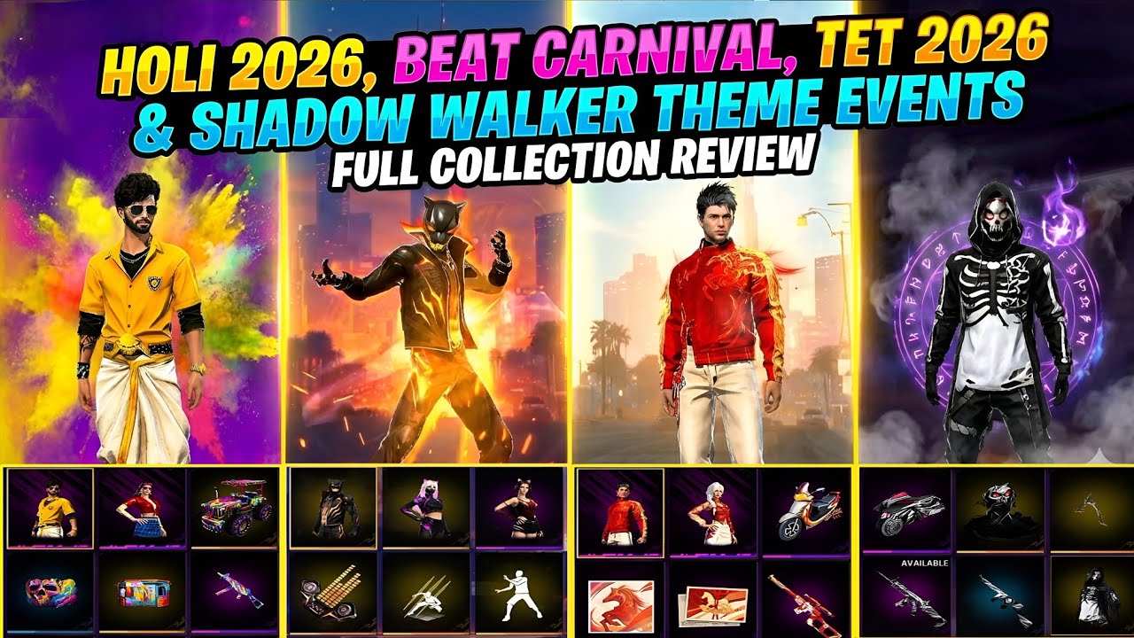FF Holi 2026, Beat Carnival 2026, FF Tet 2026  & Shadow Walker all rewards review - OB52 Wishlist ID