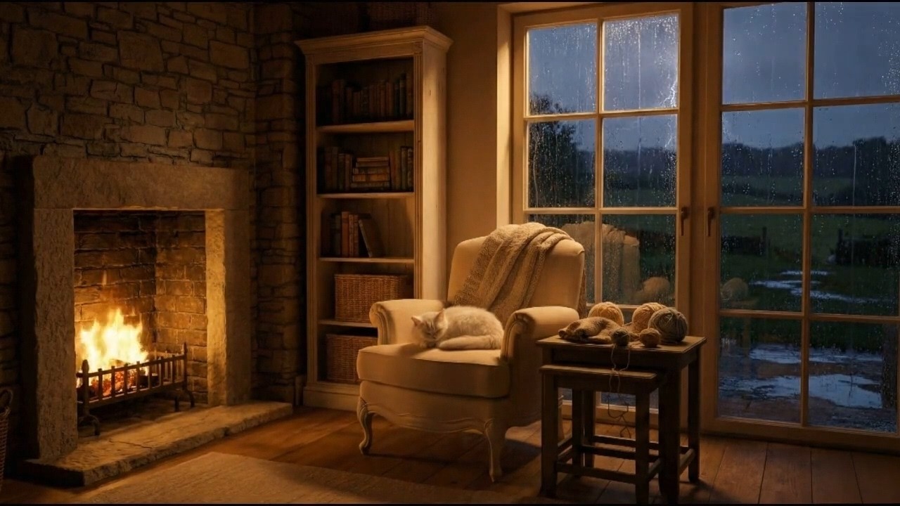 🔴 LIVE | Deep Sleep with Fireplace Crackling 🔥🌧️ Rain Sounds & Cozy Cabin with Sleeping Cat🐱