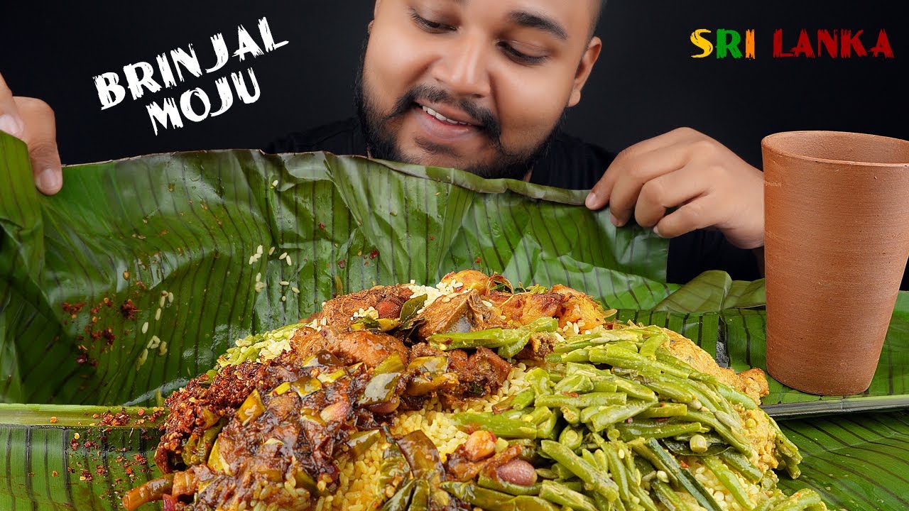 brinjal moju fried chicken curry dal beans curry yellow rice chilli paste | sri lankan food | chama