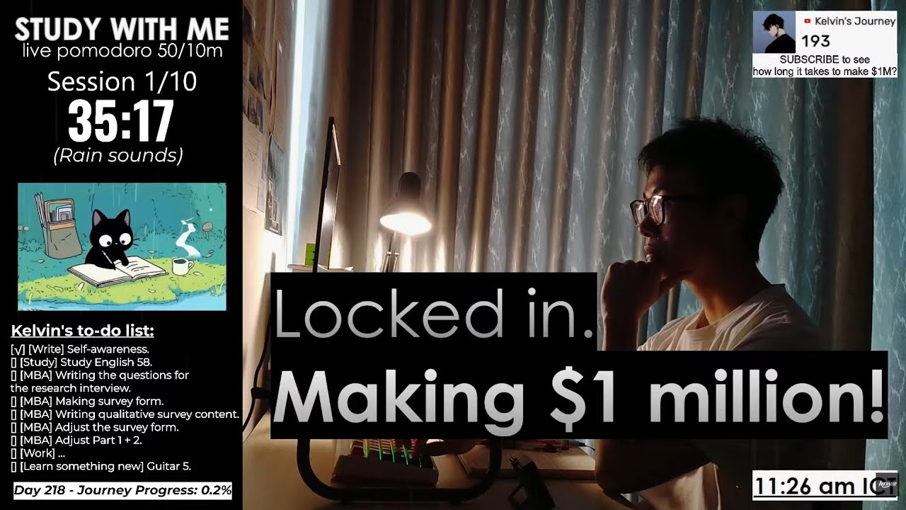#Day218 Study with me |🍅 10 hours live pomodoro 🌦️ I&rsquo;m locking in until I make $1M💰
