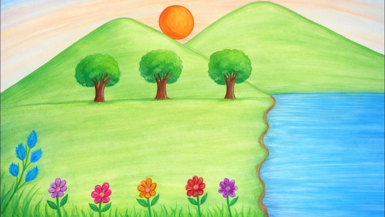 sunset scenery drawing with mountain and garden #viralvideo #drawing  #secnery #youtubevideo #art