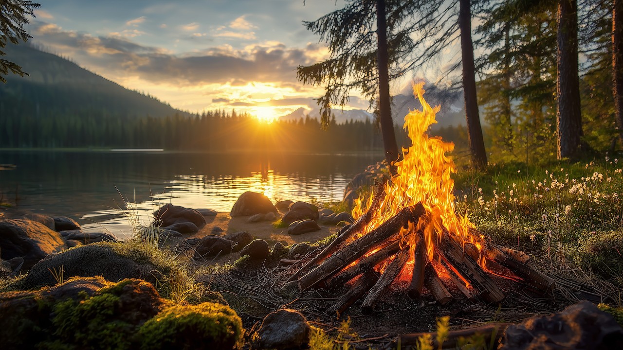 🌅 A Silent Mountain Lake at Sunset 🔥 Campfire on a Peaceful Shore