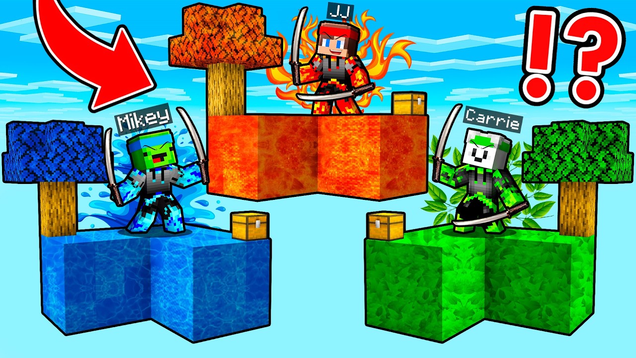 JJ vs Mikey vs Carrie: FIRE vs WATER vs EARTH SKYBLOCK BATTLE In Minecraft - Maizen