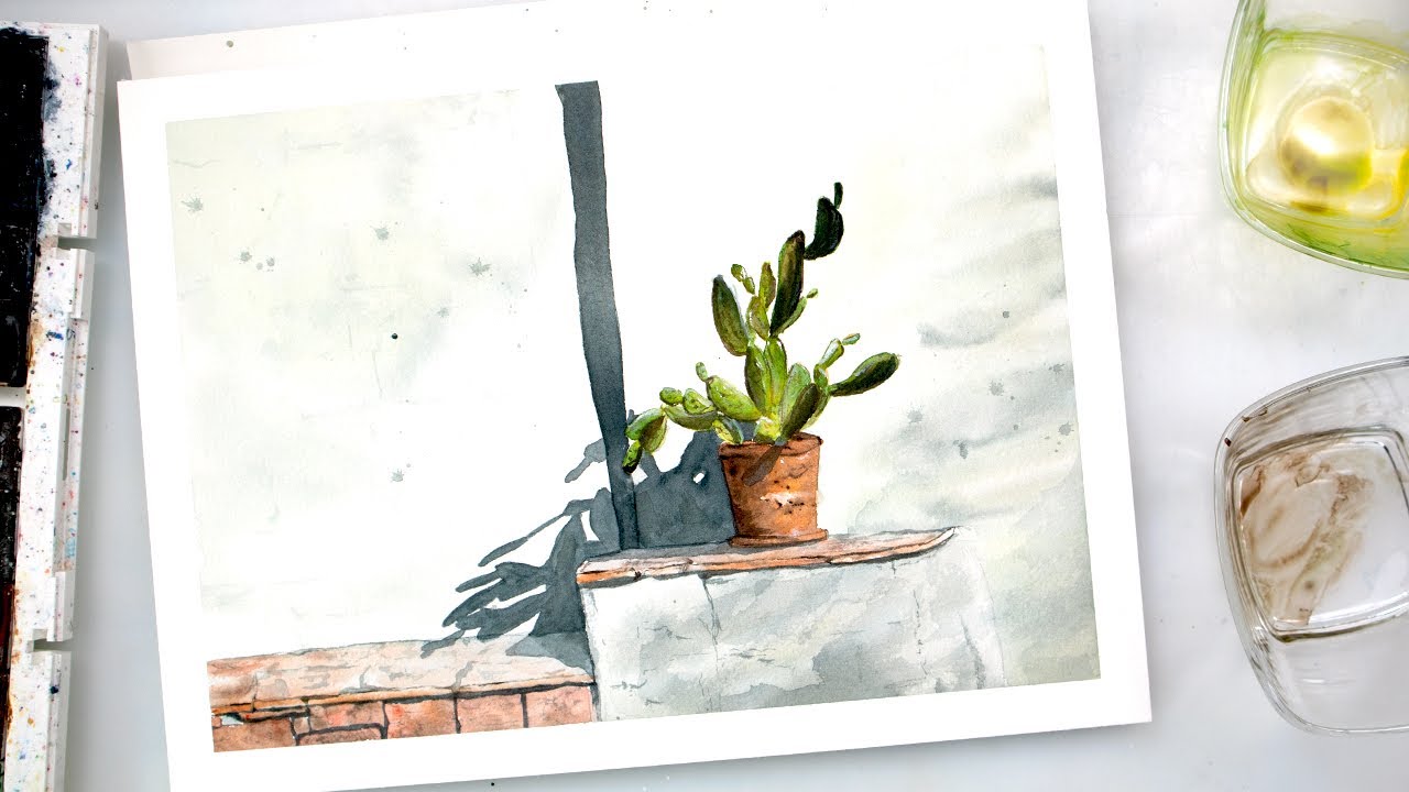 Watercolor CACTUS in the pot painting - cacti painting tutorial for beginners + FREE sketch