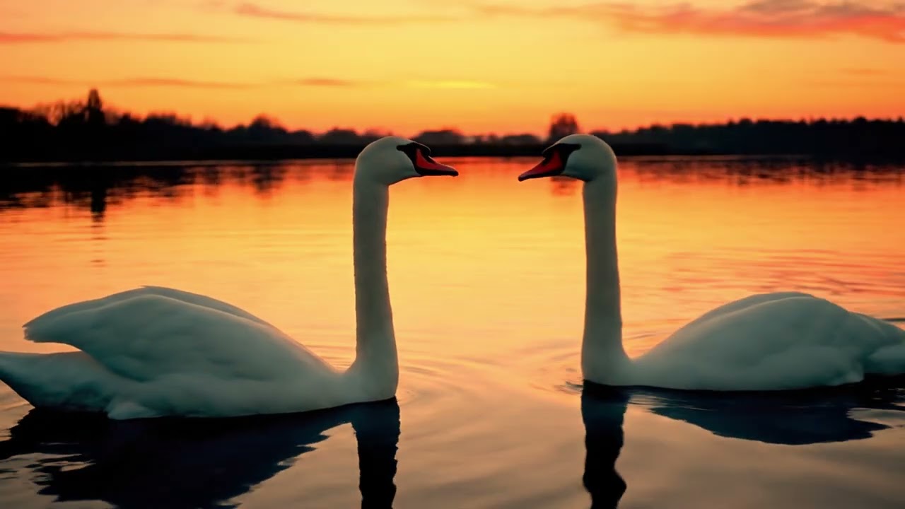 4K Relaxing Swans on Lake at Sunset • Peaceful Nature Video with Soothing Music 2 Hour