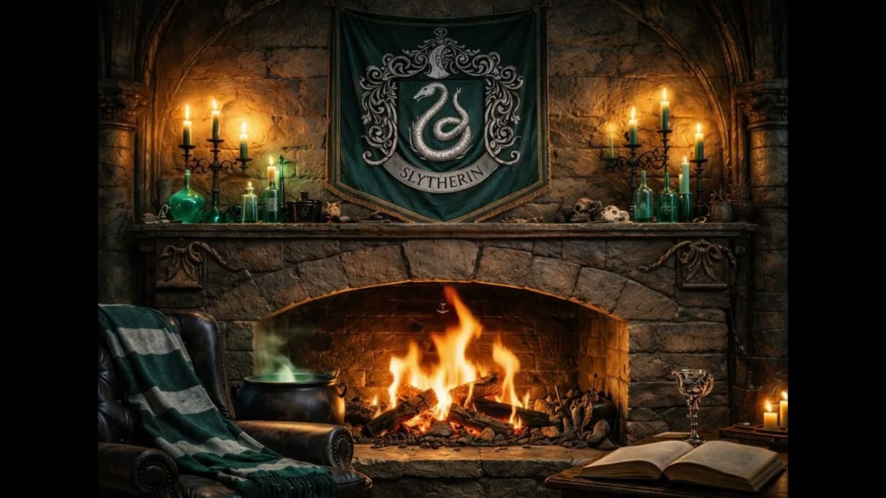 Cozy Wizard Study Fireplace Ambience 🐍 Crackling Fire, Candlelight & Magical Study Room
