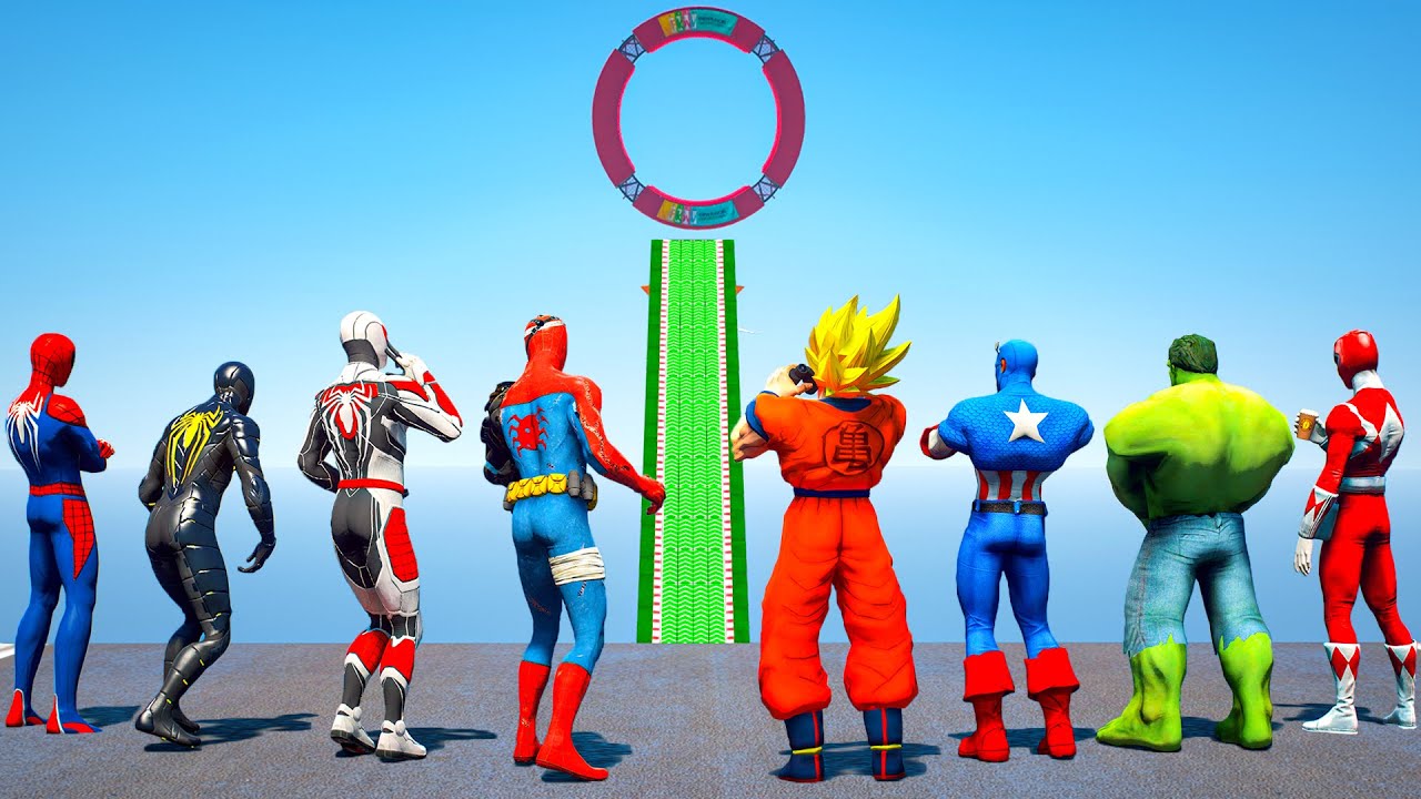 Hulk, Power Rangers VS SPIDERMAN SUITS | SUPERHEROES Racing Challenge Sea Ramp Competition Ep.475