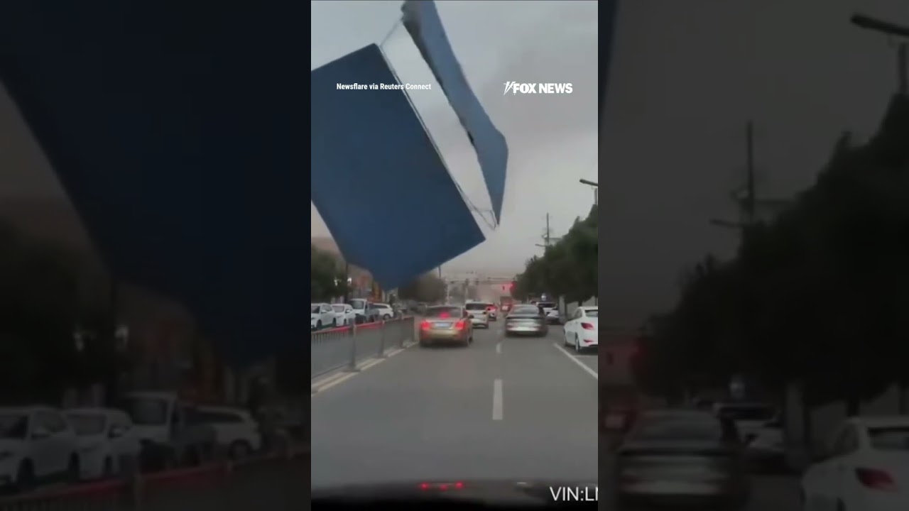 Powerful winds RIP steel roof onto vehicles in China #foxnews #news #shorts #china #weather