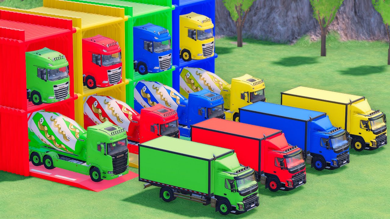 Trucks With COLORS - SCANIA MIXER TRUCK and VOLVO BOX TRUCK with FLATBED TRAILER TRUCK - FS22