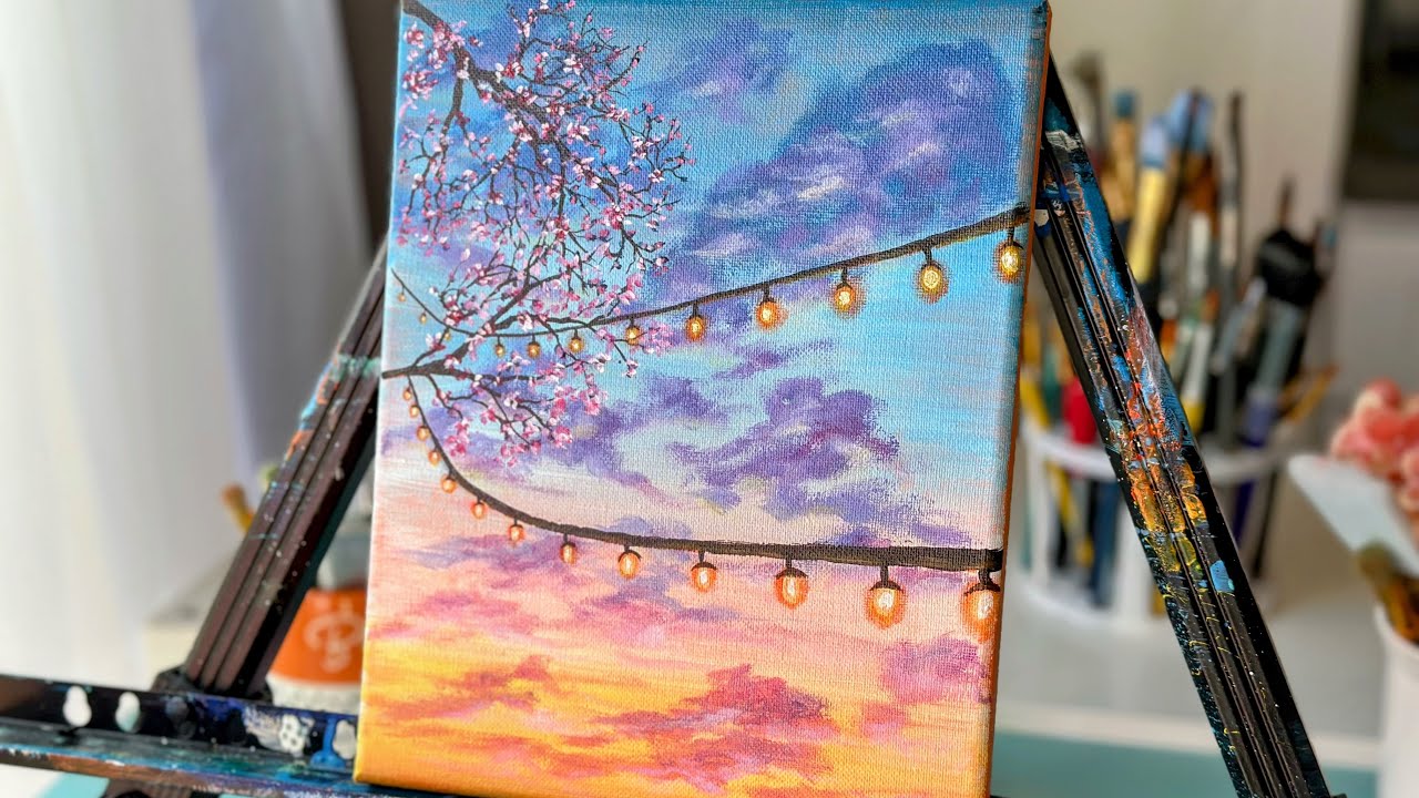 Sunset painting tutorial with acrylic/ how to paint sunset scenery/ easy painting ideas 