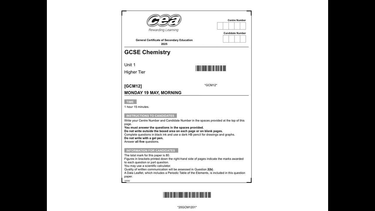 CCEA GCSE Chemistry 2025 Higher Tier, Unit 1