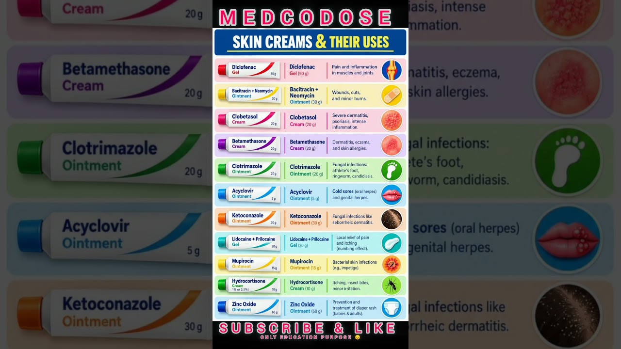 Skin creams & Their Uses 💊 #healthcare #medcodose #education #youtubefeed #ytshorts #skincare #medic