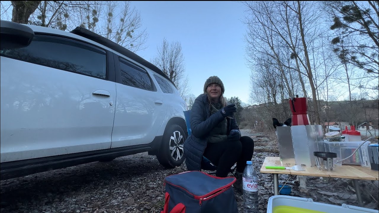 SOLO WINTER CAMPING  WITH MY PUPPY /  COLD NIGHT /   ASMR and little bit of talking  - 4K