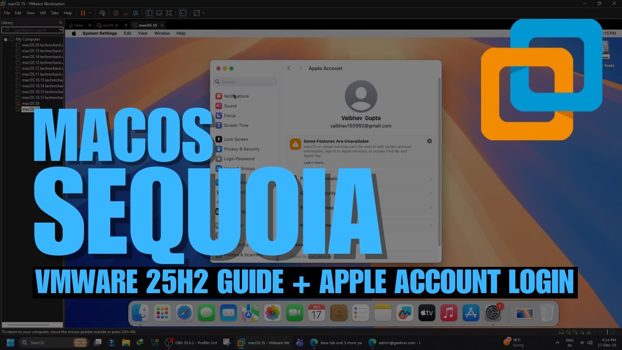 Руководство по установке macOS Sequoia в VMware 25H2: 5-минутная настройка + исправление Apple ID...