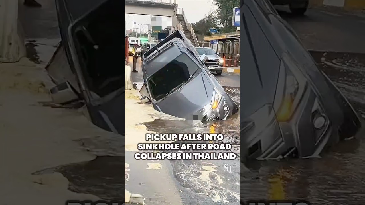 Pickup falls into sinkhole after road collapses in Thailand
