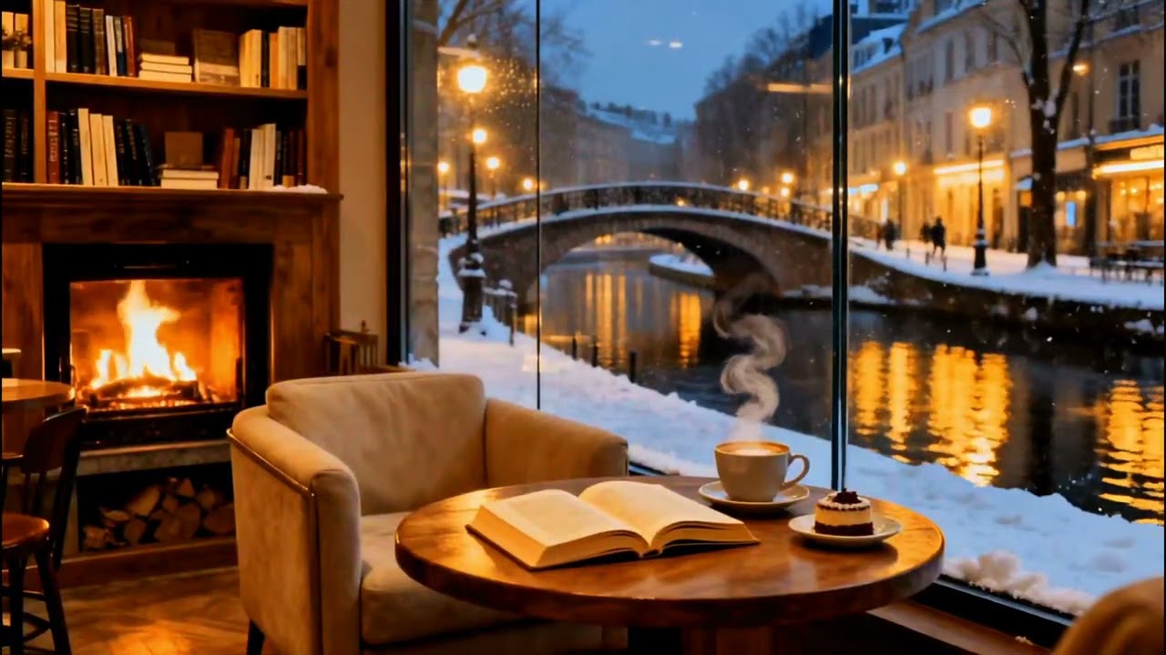 Relaxing Coffee Shop Jazz Music ❄️ Fireplace, Snowy Canal & Soft Piano for Focus