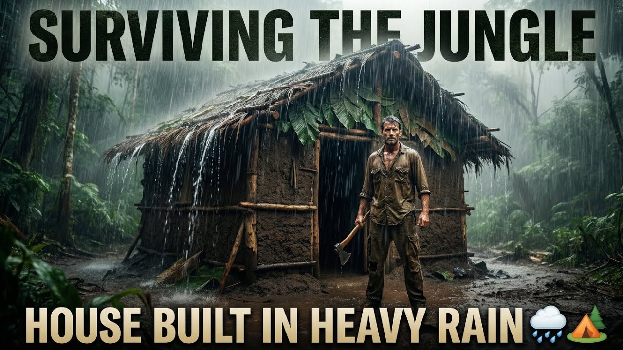 POV Jungle Survival in Heavy Rain 🌧️ | Small Jungle House Build | Shorts