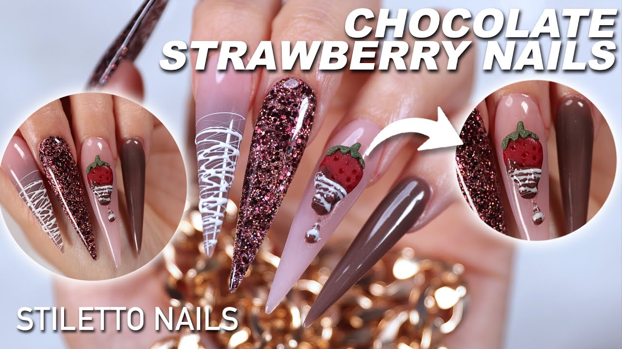 LONG Stiletto Brown and Nude Acrylic Nails Chocolate DIPPED 3D Strawberry valentines Nails