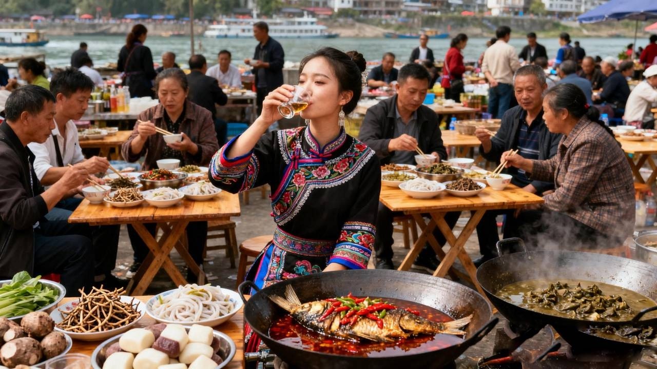 贵州村超码头菜市场全美食攻略～烧辣椒烤鱼 小卷粉 折耳根 芋头糕 还有现场炒牛瘪哈哈【我是忐忑妞】