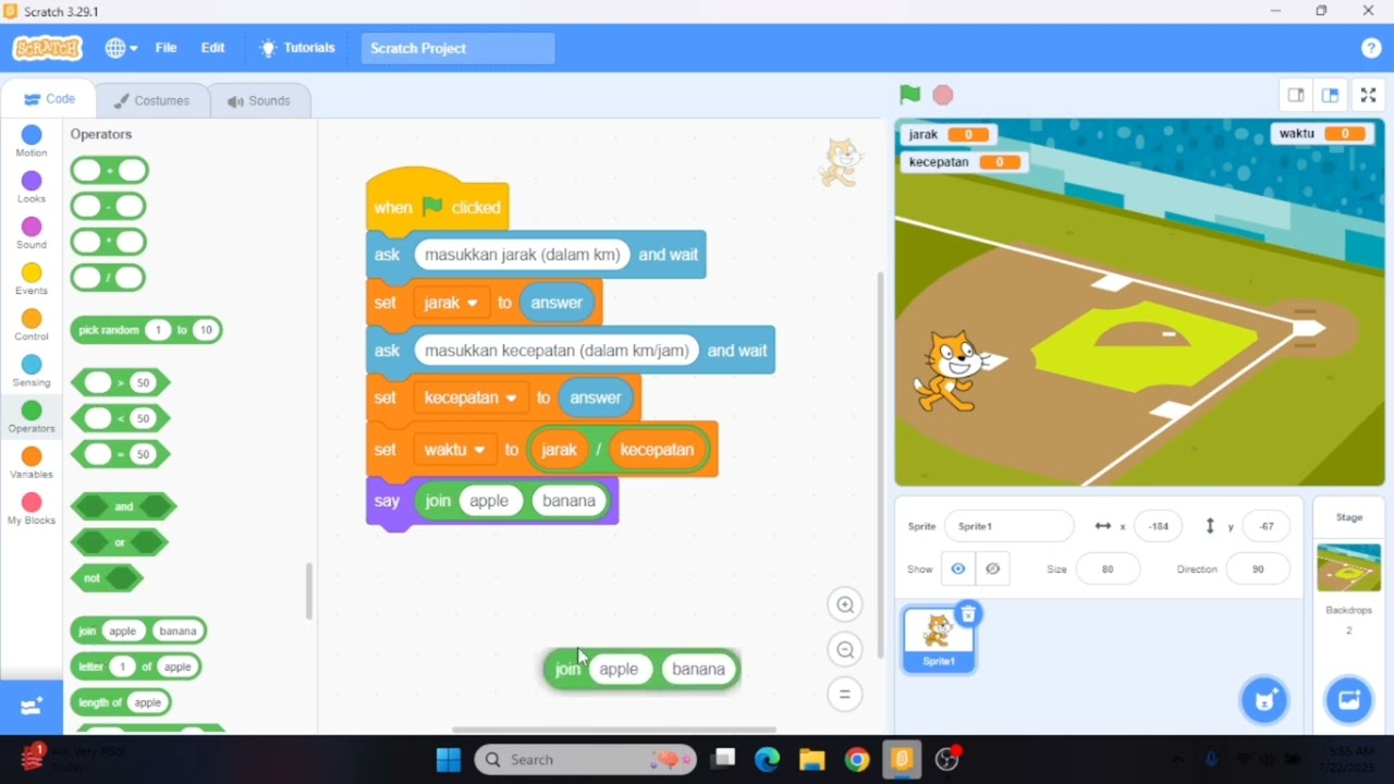 Algoritma menghitung waktu tempuh dengan SCRATCH