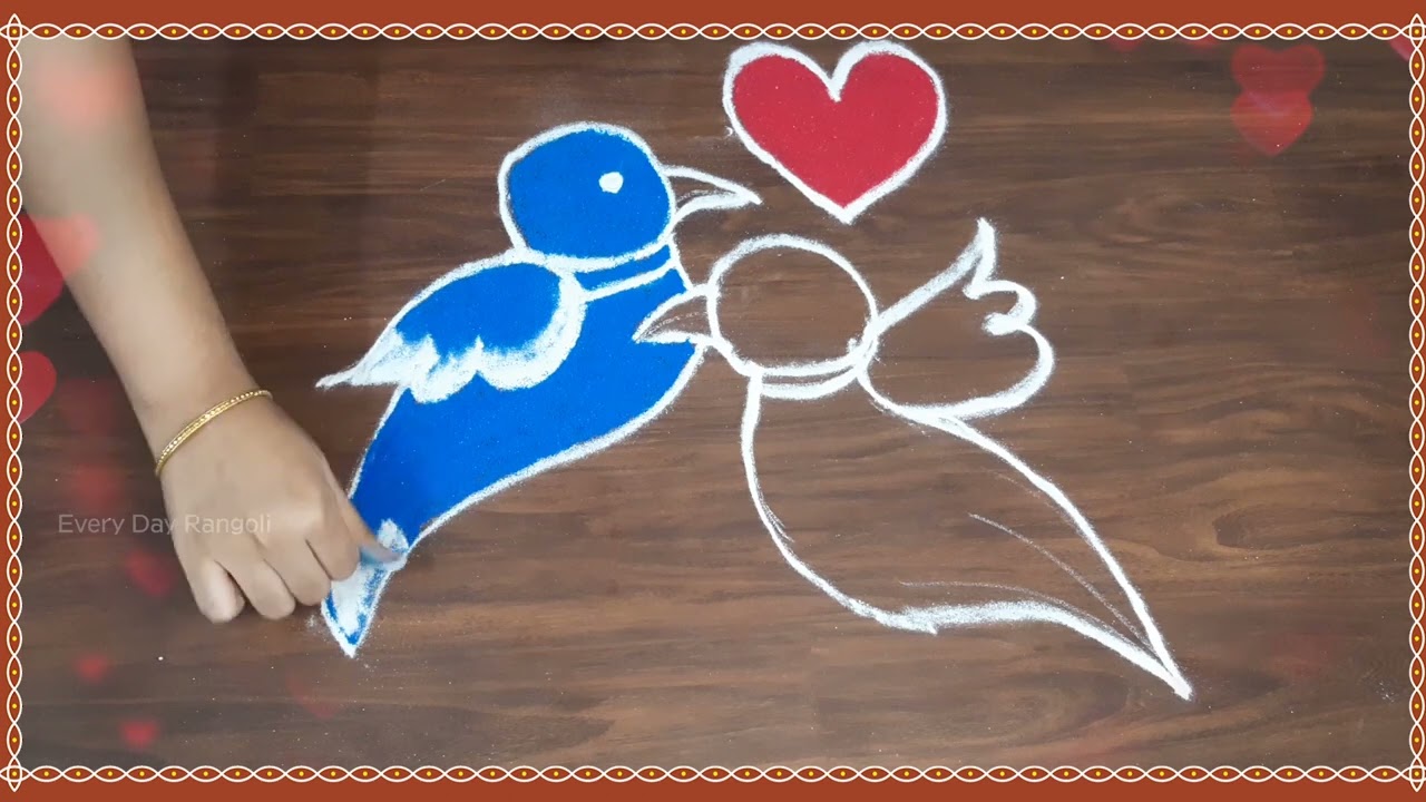 Love Birds Rangoli | Easy And Simple Birds Rangoli | How to Draw Birds Without Dots Kolam Videos