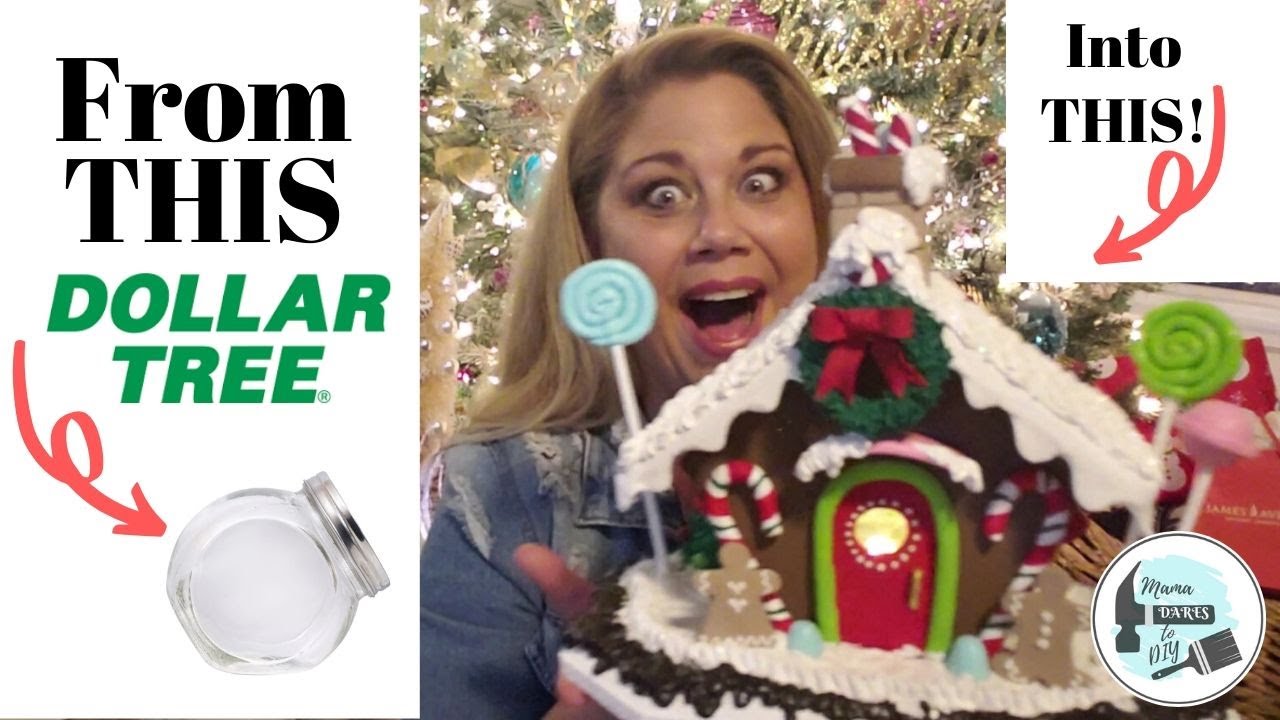 Watch Me Turn A Dollar Tree Jar Into A ~ Lighted Gingerbread House!!!