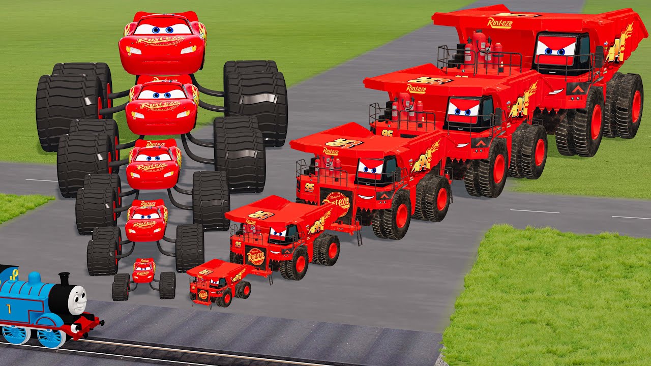 Big & Small Hirochi Dump Truck VS Spider with Monster Wheels Mcqueen VS Trains Thomas | BeamNG.Drive